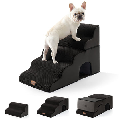 Cozy Kiss 5-Step Foldable Curved Pet Stairs with Play Condo front product view with a dog standing on it #color_Black
