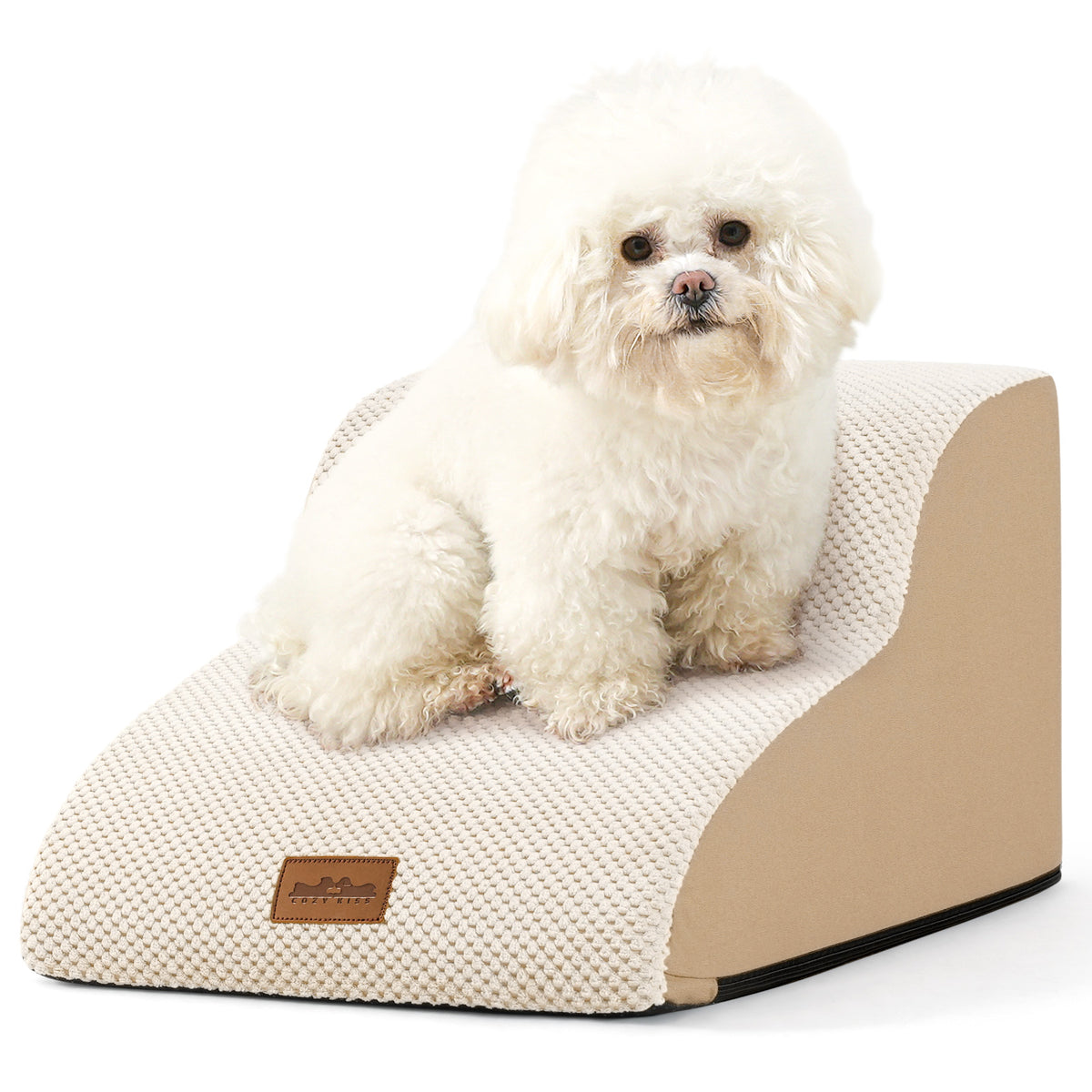 Front studio view of Cozy Kiss 2-Step Joint-Friendly Curved Pet Stairs featuring curved foam design and textured fabric cover 