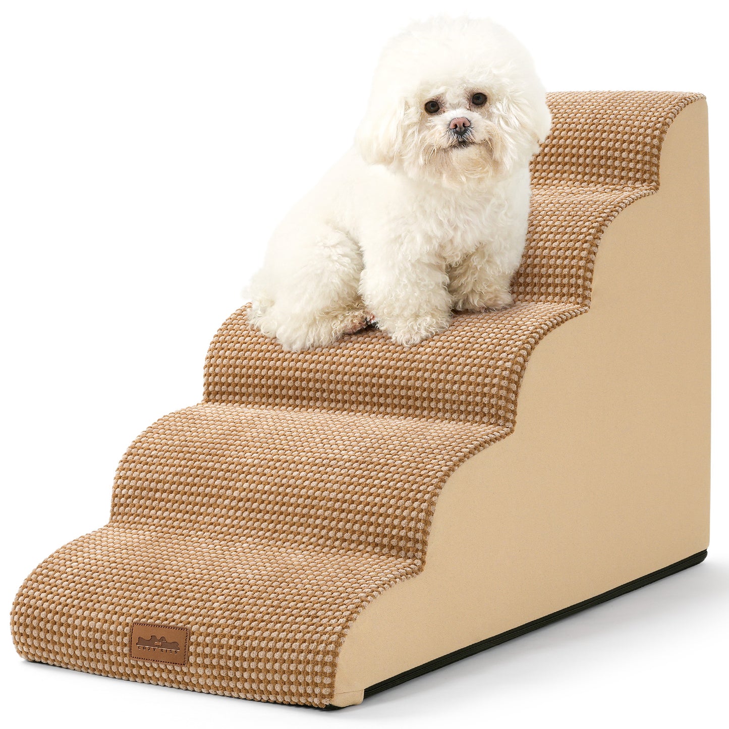 Cozy Kiss 5-Step Joint-Friendly Curved Pet Stairs with washable cover front view #color_Light Brown