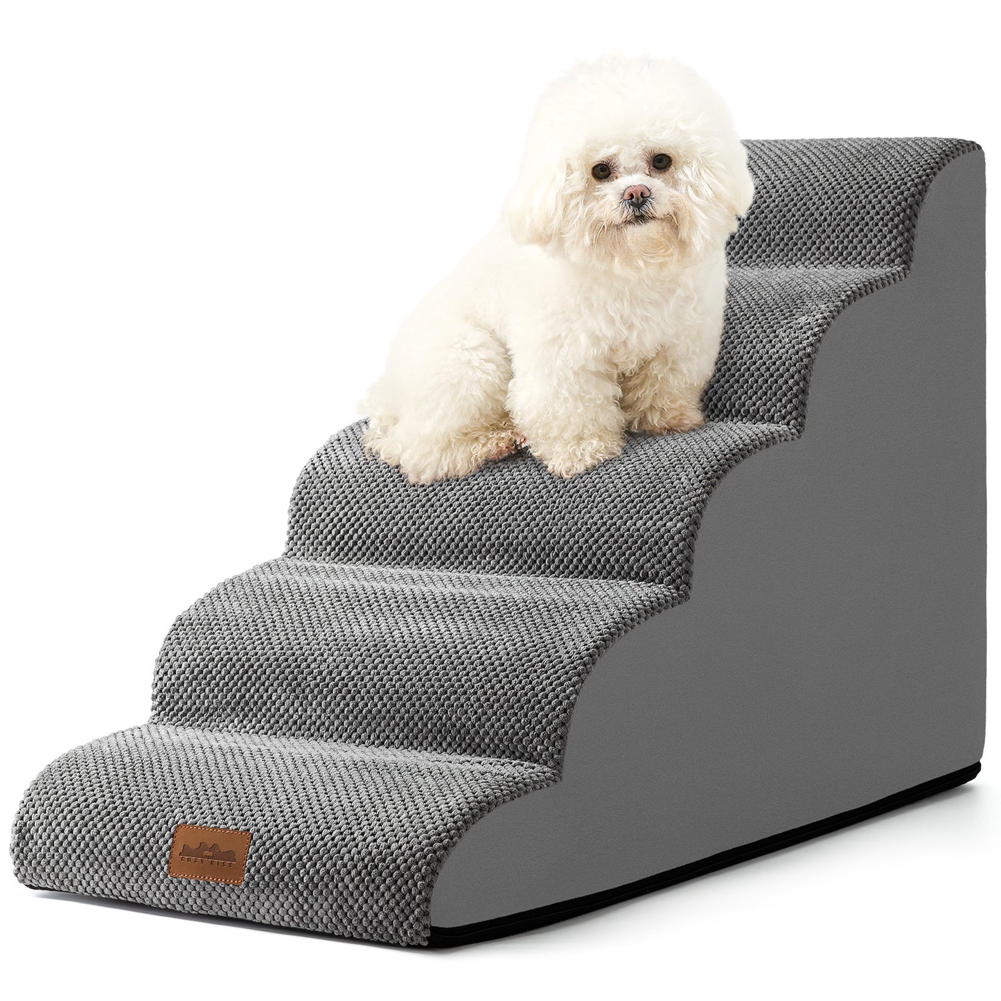 Cozy Kiss 5-Step Joint-Friendly Curved Pet Stairs with washable cover front view #color_Grey