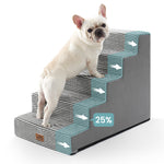 Front view of a dog using Cozy Kiss 5-Step Extra Wide Right-Angle Pet Stairs beside a bed, showing easy access. 