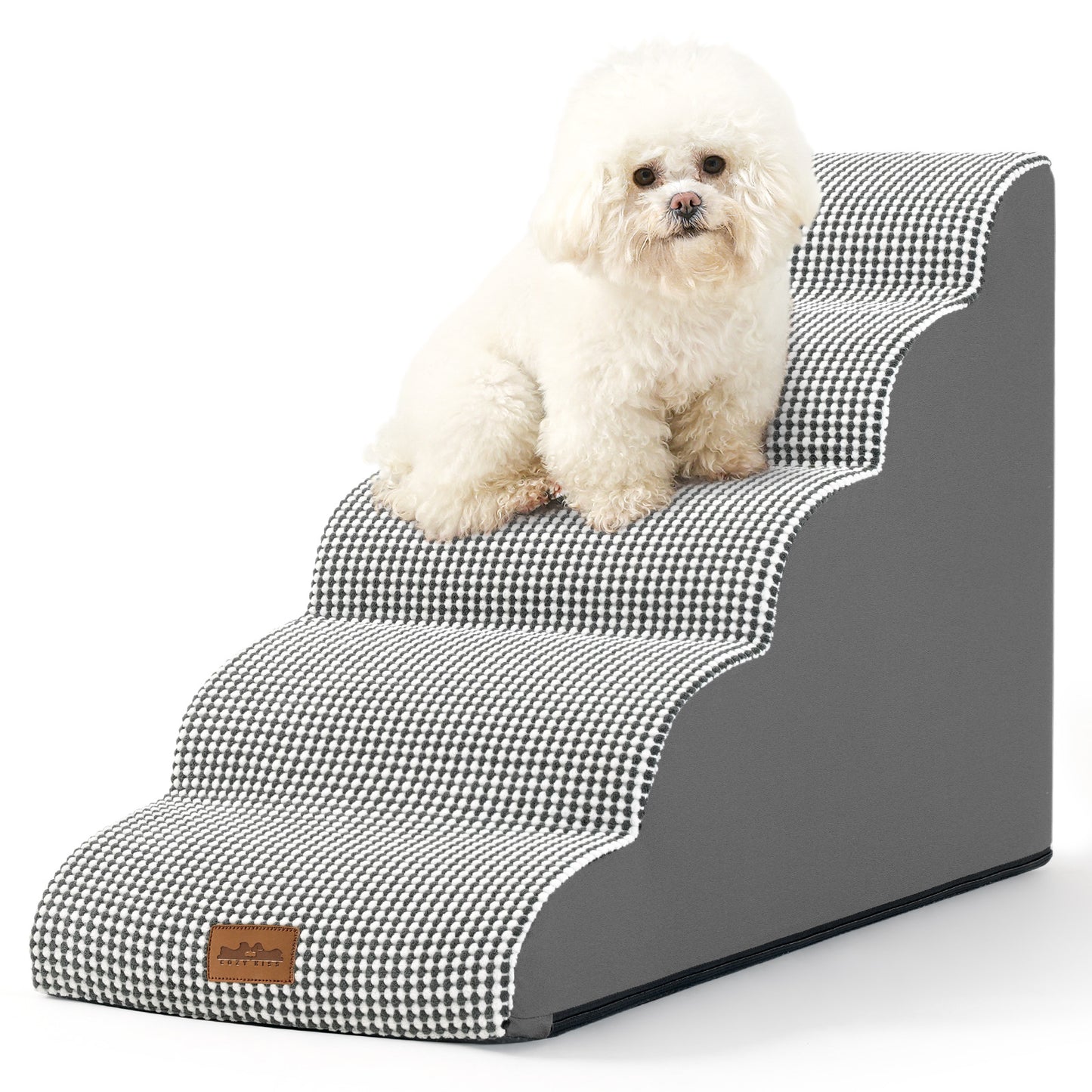 Cozy Kiss 5-Step Joint-Friendly Curved Pet Stairs with washable cover front view #color_Black & White