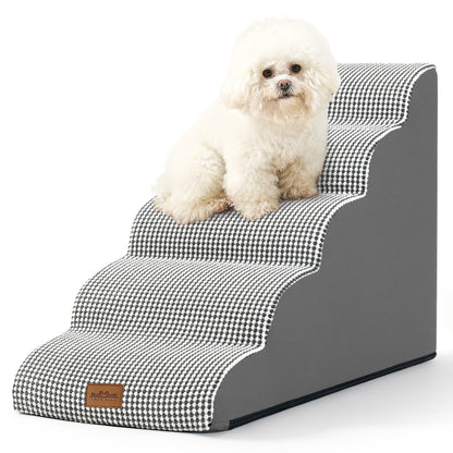 Cozy Kiss 5-Step Joint-Friendly Curved Pet Stairs with washable cover front view #color_Black & White