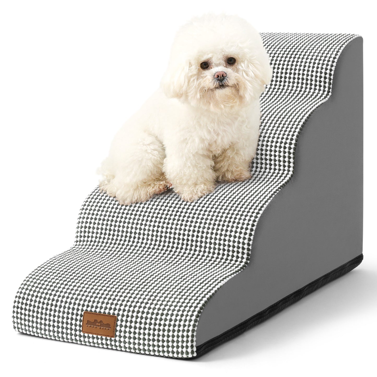 Cozy Kiss 4-Step Joint-Friendly Curved Pet Stairs with washable cover front view #color_Black & White