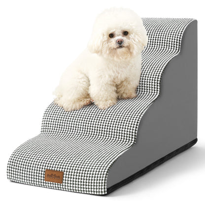 Cozy Kiss 4-Step Joint-Friendly Curved Pet Stairs with washable cover front view #color_Black & White
