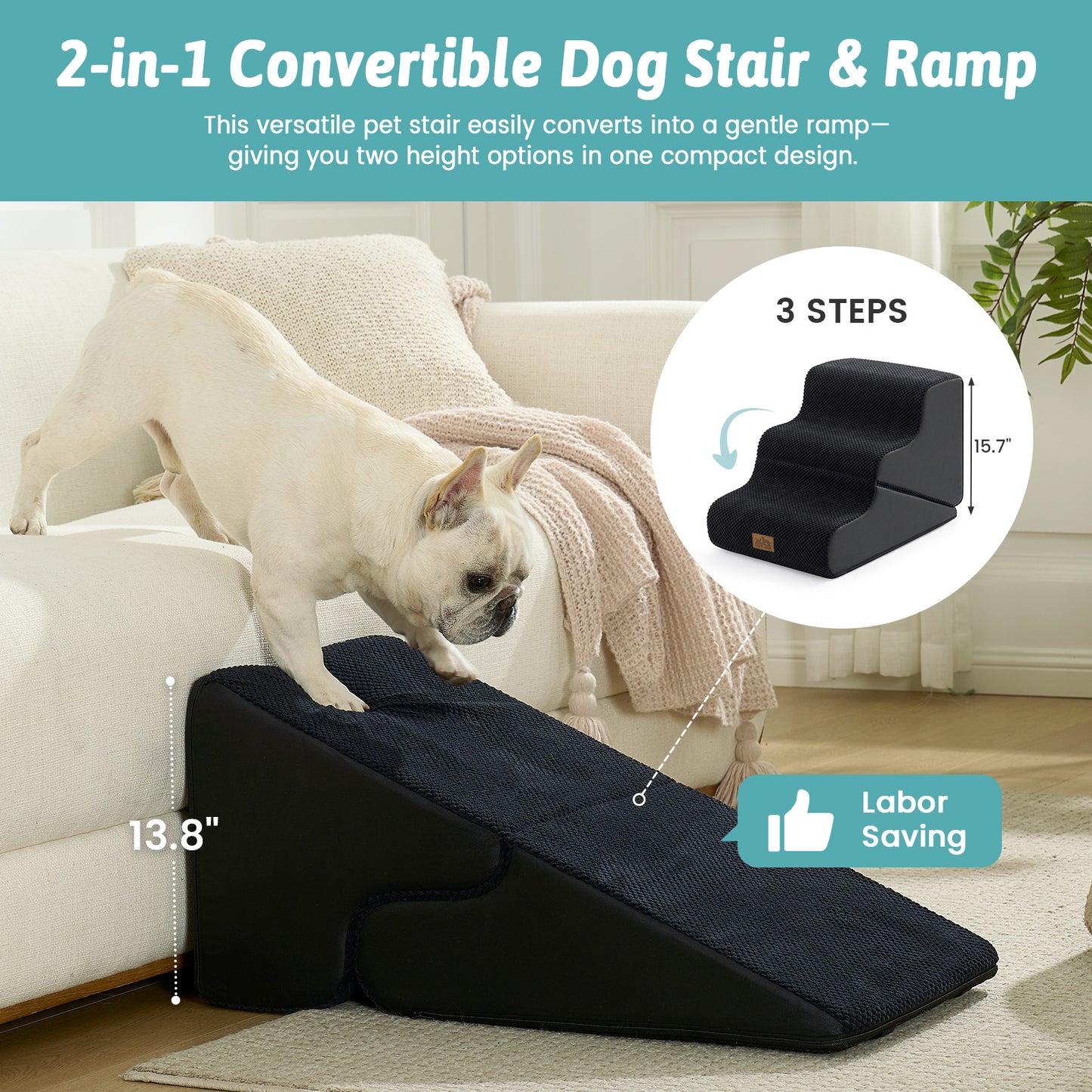 Cozy Kiss 3-Step 2-in-1 Pet Stairs with Ramp Mode converts from stairs to gentle ramp #color_Black
