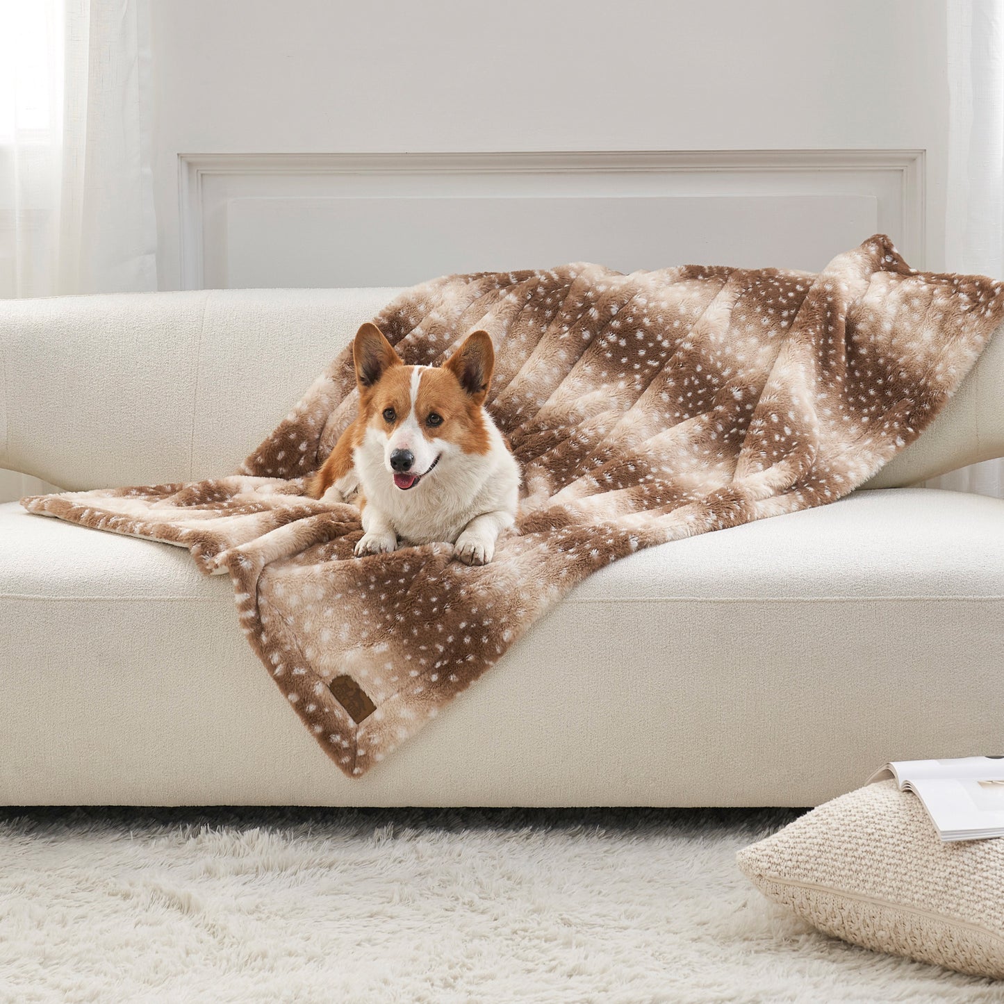 Cozy Kiss Stylish Deer Print Faux Fur Pet Blanket faux fur pet blanket on sofa #color_Brown