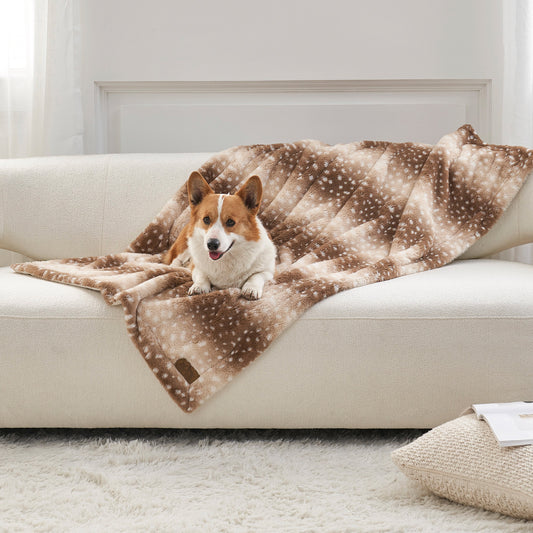 Cozy Kiss Stylish Deer Print Faux Fur Pet Blanket faux fur pet blanket on sofa #color_Brown