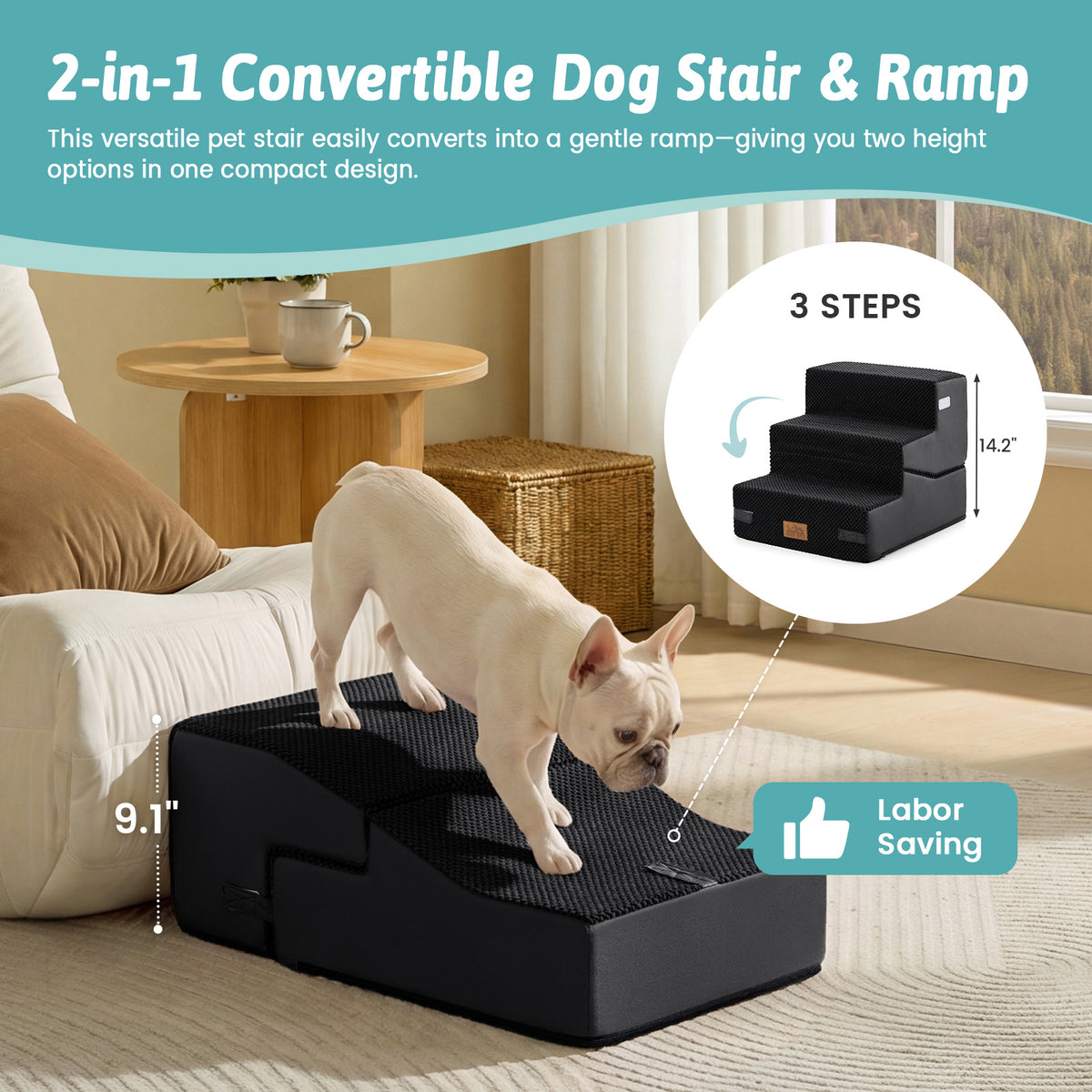 Cozy Kiss 3-Step 2-in-1 Convertible Pet Stairs with Ramp Mode converts from stairs to gentle ramp 