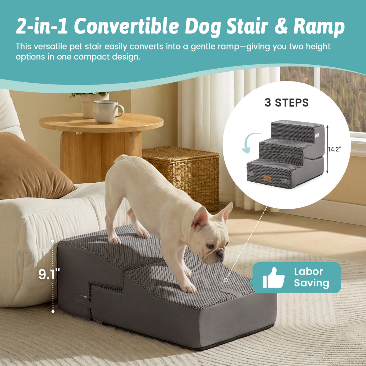 Cozy Kiss 3-Step 2-in-1 Convertible Pet Stairs with Ramp Mode converts from stairs to gentle ramp 