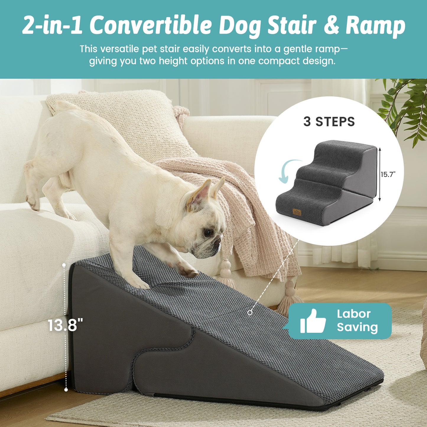 Cozy Kiss 3-Step 2-in-1 Pet Stairs with Ramp Mode converts from stairs to gentle ramp #color_Dark Grey