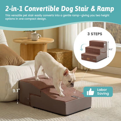 Cozy Kiss 3-Step 2-in-1 Convertible Pet Stairs with Ramp Mode converts from stairs to gentle ramp #color_Brown