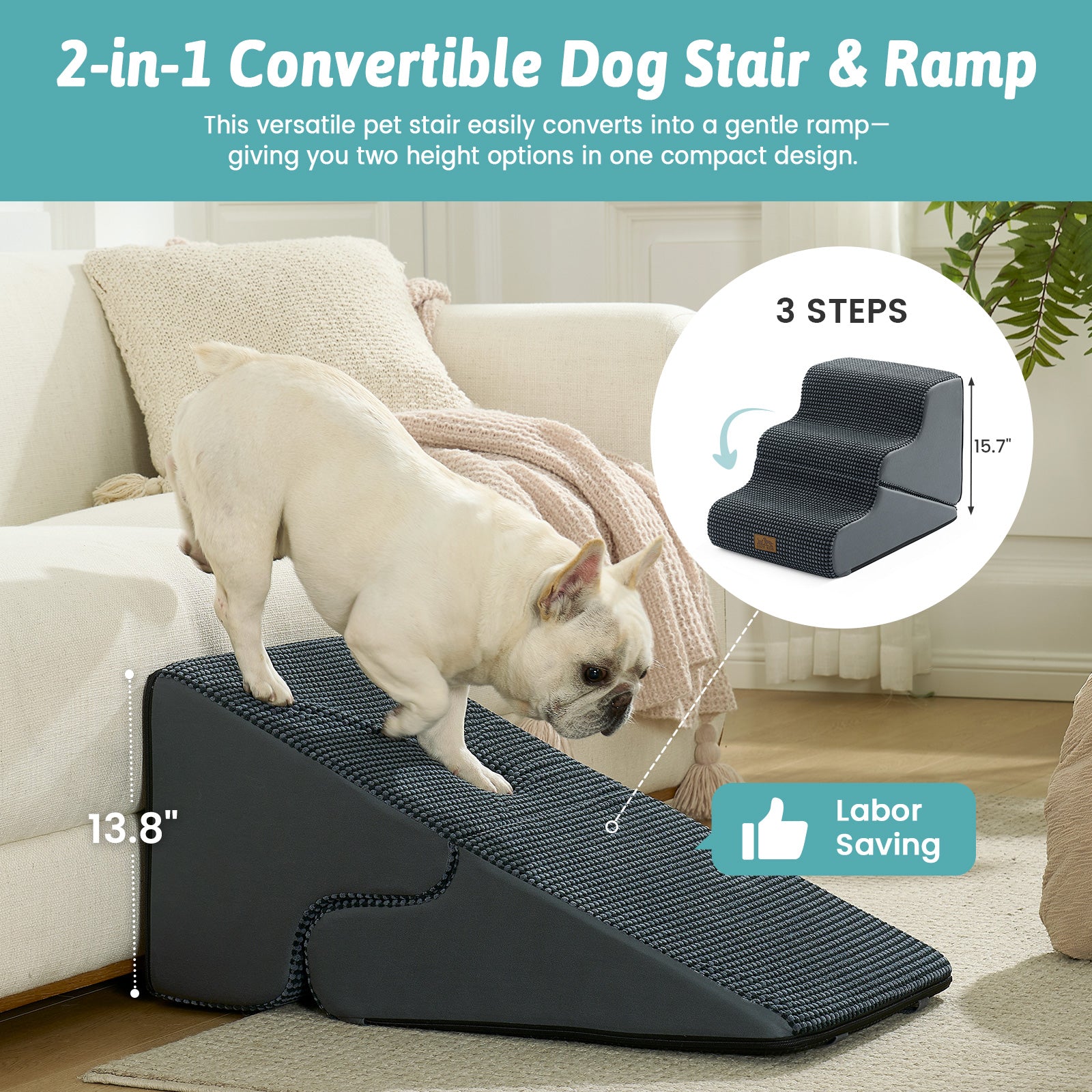 Cozy Kiss 3-Step 2-in-1 Pet Stairs with Ramp Mode converts from stairs to gentle ramp #color_Charcoal Grey