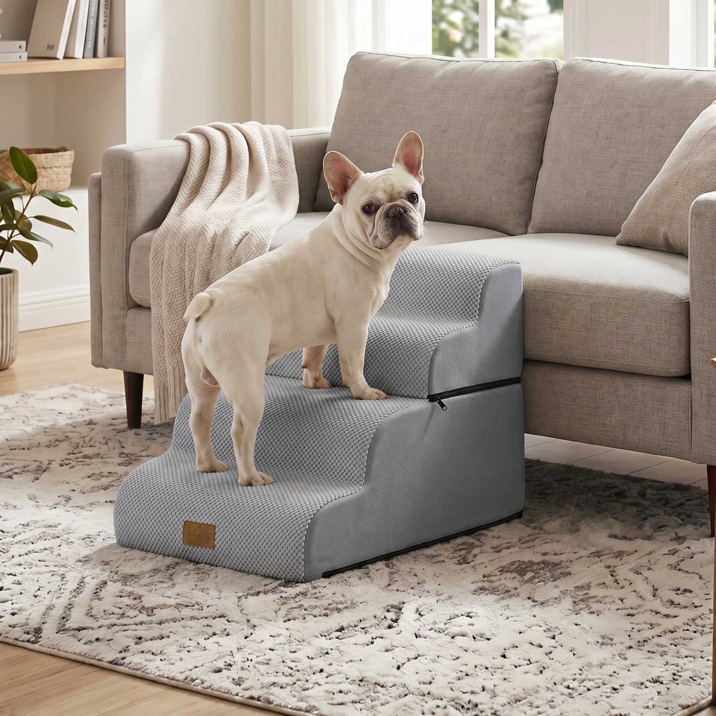 Cozy Kiss 4-Step Foldable Curved Pet Stairs beside sofa for safe pet access #color_Light Grey