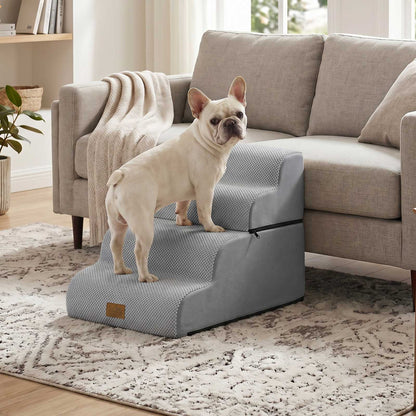 Cozy Kiss 4-Step Foldable Curved Pet Stairs beside sofa for safe pet access #color_Light Grey