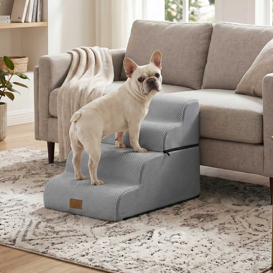 Cozy Kiss 4-Step Foldable Curved Pet Stairs beside sofa for safe pet access #color_Light Grey