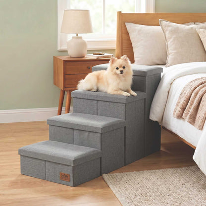 Cozy Kiss 4-Step Storage Pet Stairs beside bed with a dog sitting on it #color_Grey