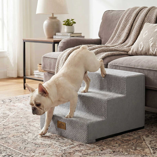 Cozy Kiss 3-Step Right-Angle Pet Stairs with a dog safely descending sofa steps #color_Gray