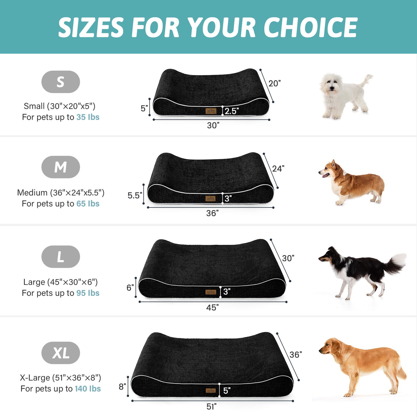 Cozy Kiss All Seasons Boat-Shaped Scratch-Resistant Dog Bed size guide for small medium large and extra large dogs #color_Black