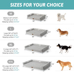 Cozy Kiss dog bed size chart with measurements and dog illustrations for different sizes.