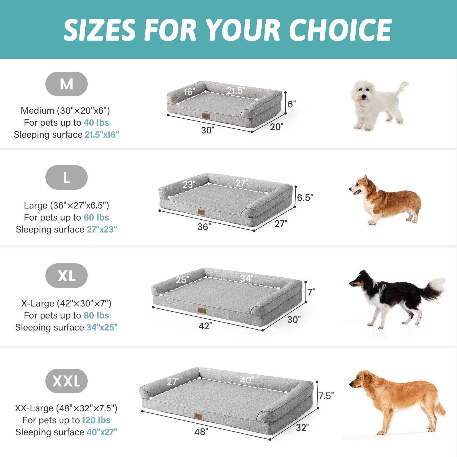 Cozy Kiss dog bed size chart with measurements and dog illustrations for different sizes.#color_Grey