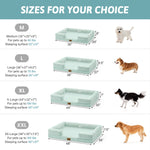 Dog bed size chart with dimensions and weight capacities for different sizes.