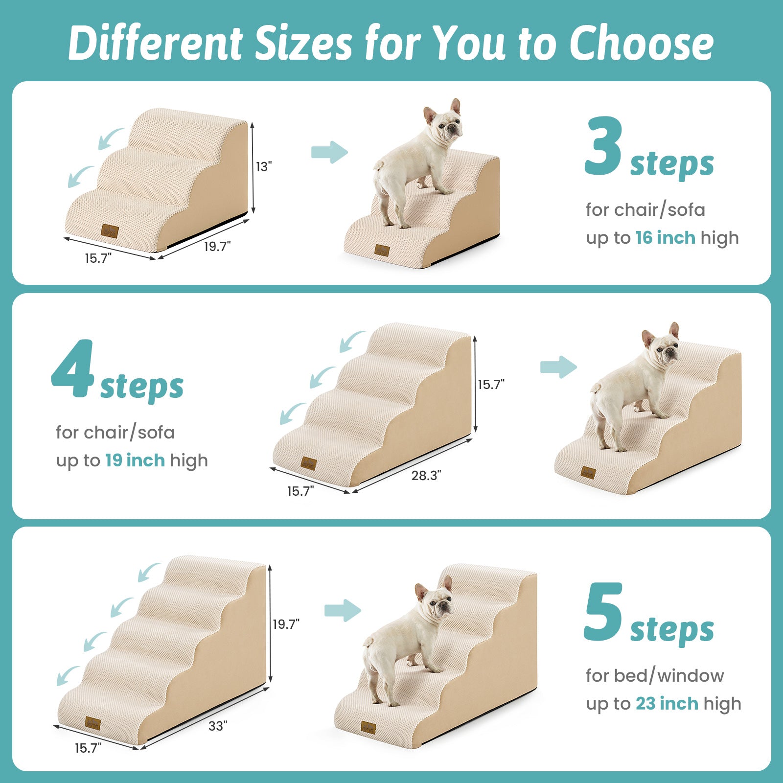 Size comparison chart for Cozy Kiss Gentle Slope Curved Pet Stairs #color_Beige