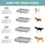 Dog bed size chart with measurements and dog illustrations for different sizes.