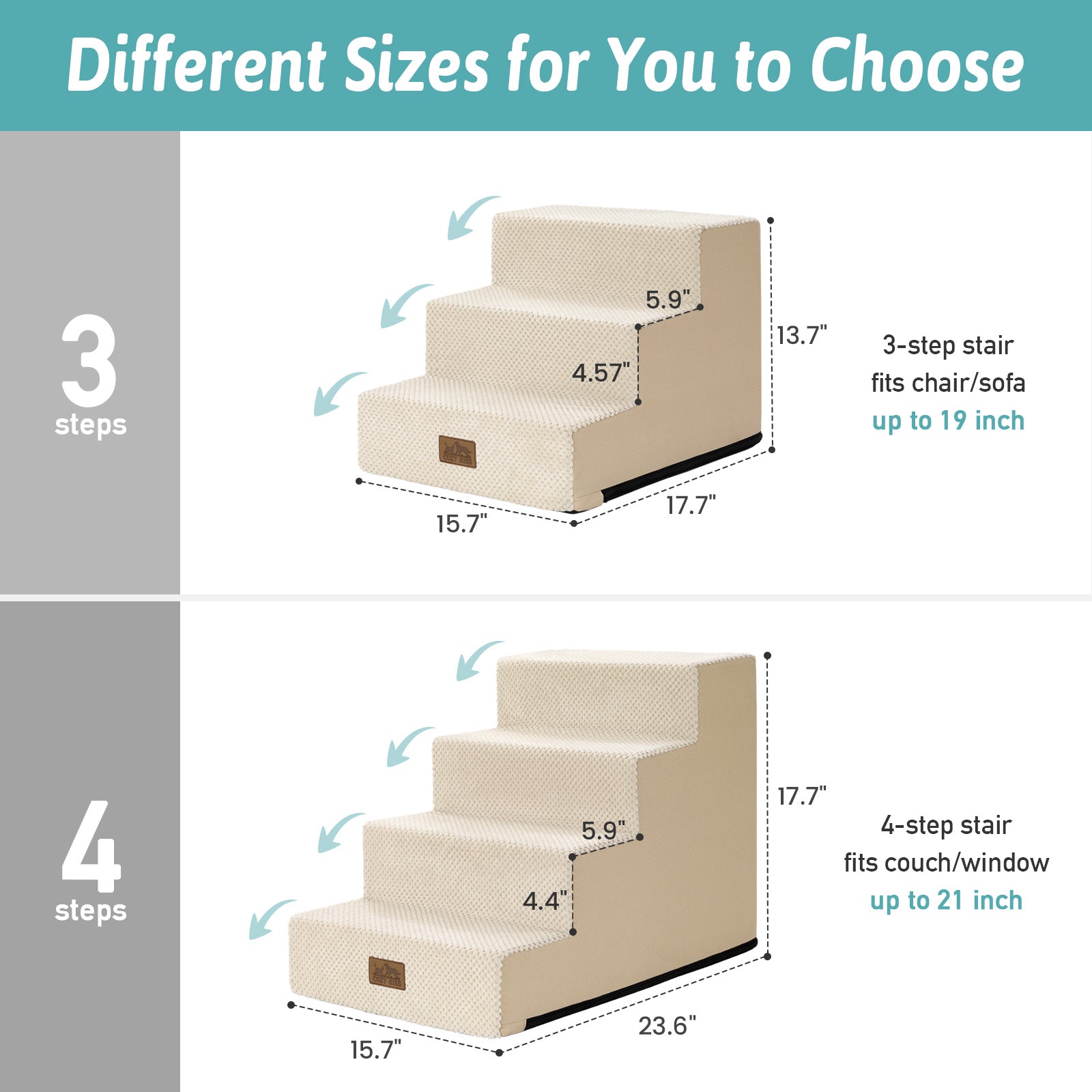 Cozy Kiss 3-Step Non-Slip Right-Angle Pet Stairs size guide and dimensions #color_Beige