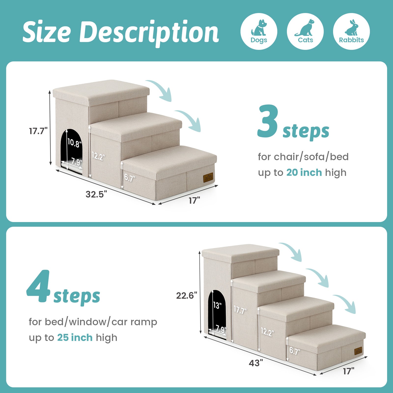 Cozy Kiss Storage Pet Stairs with Play Condo size guide for pets and small animals #color_Cream
