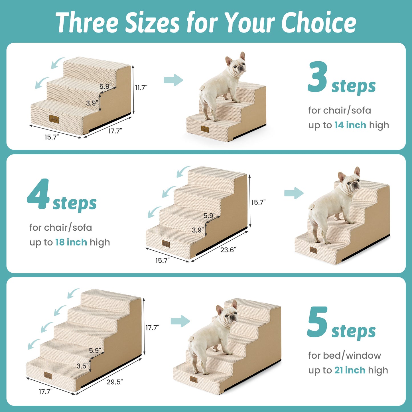 3-step, 4-step, and 5-step Cozy Kiss Pet Stairs size comparison chart #color_Beige
