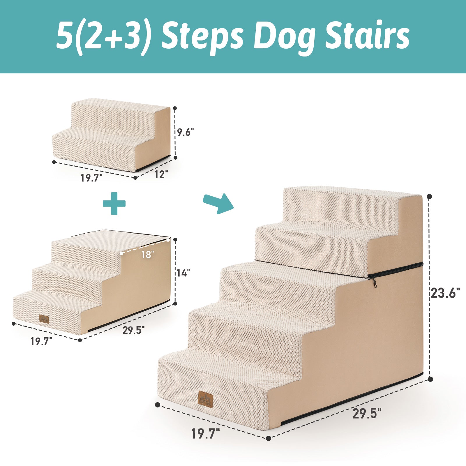 Cozy Kiss5-Step Extra Wide Foldable Right-Angle Pet Stairs foldable 2+3 configuration #color_Beige
