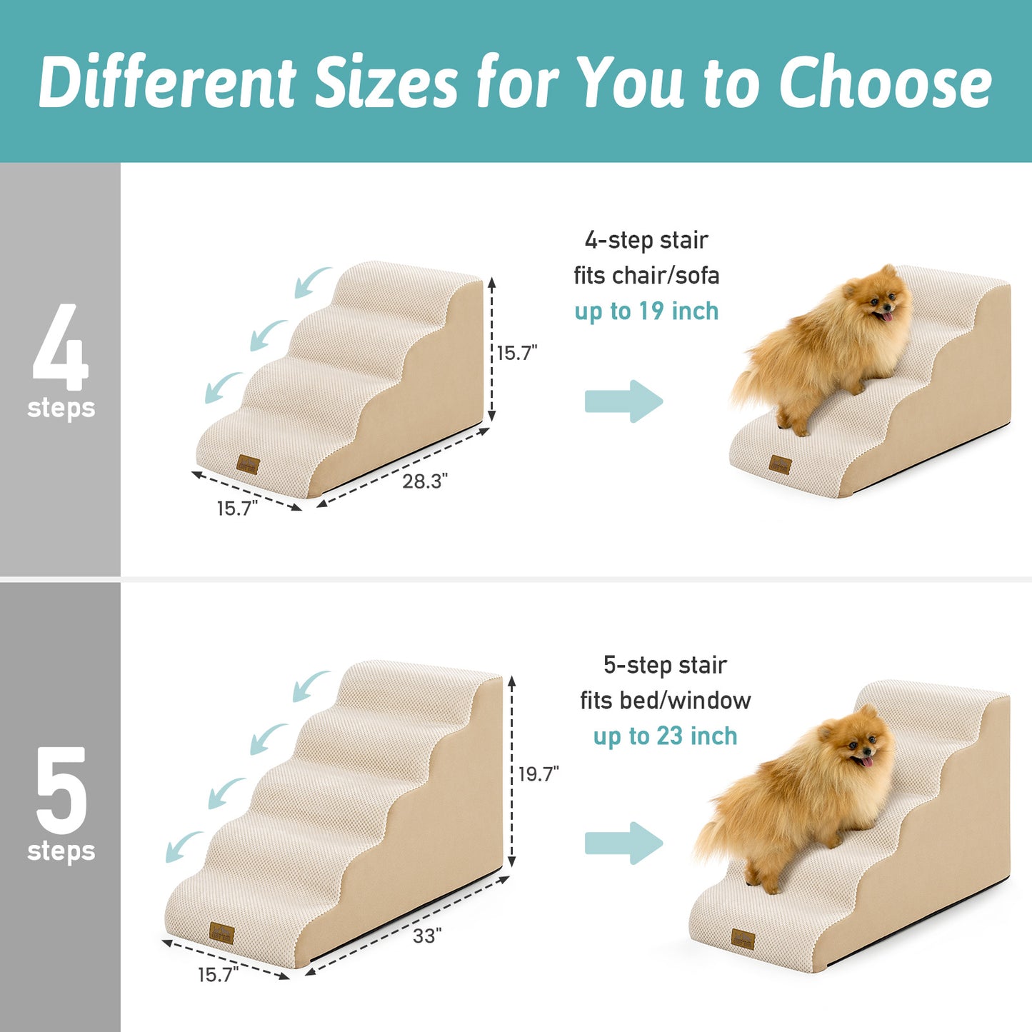 Size comparison chart for Cozy Kiss Gentle Slope Curved Pet Stairs #color_Beige
