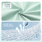 Textured fabric with Q-max > 0.4 label and close-up of fabric texture with water droplet. 