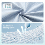 Textured fabric with 'Q-max > 0.4' and 'Ice Silk Cool Feeling Fabric' text, showing close-up of fabric texture. 