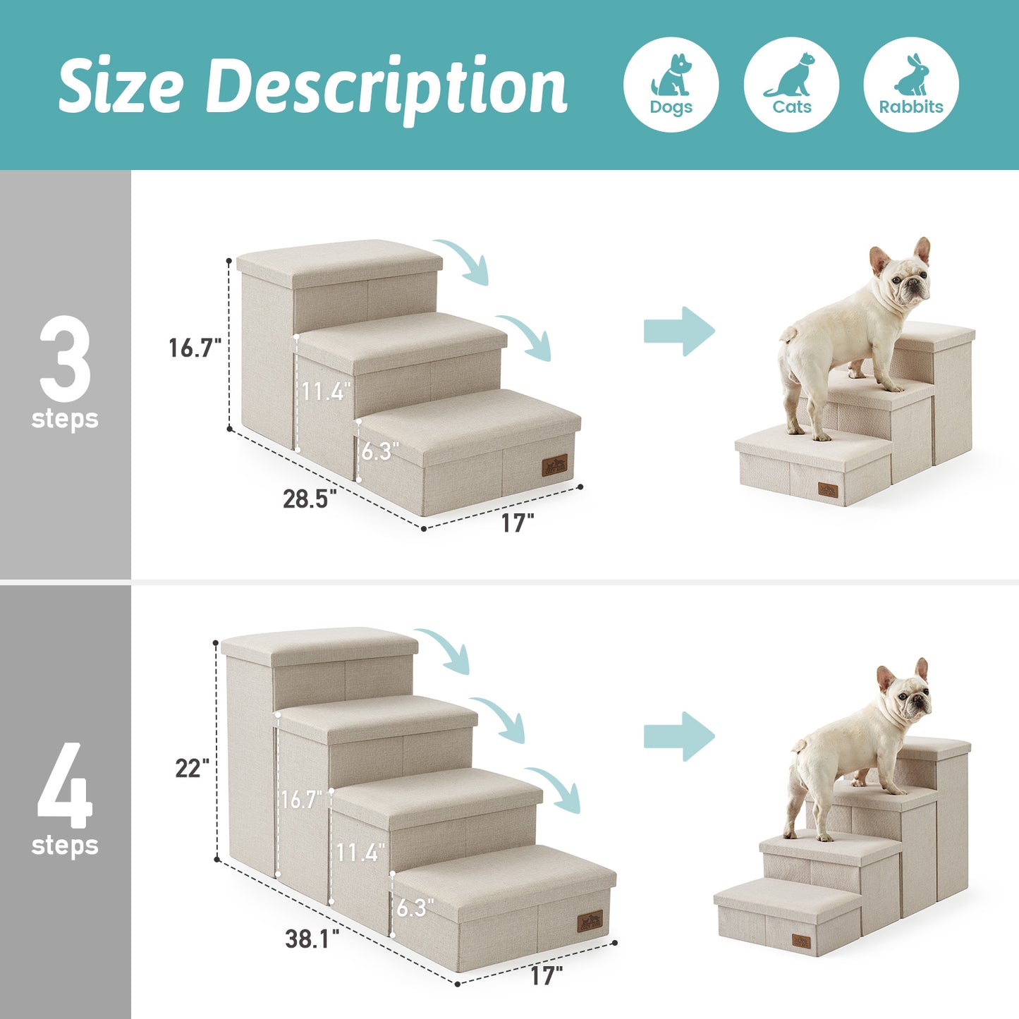 3-step and 4-step Cozy Kiss storage pet stairs size comparison chart #color_Beige