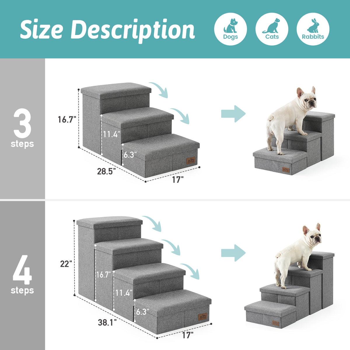 3-step and 4-step Cozy Kiss storage pet stairs size comparison chart 