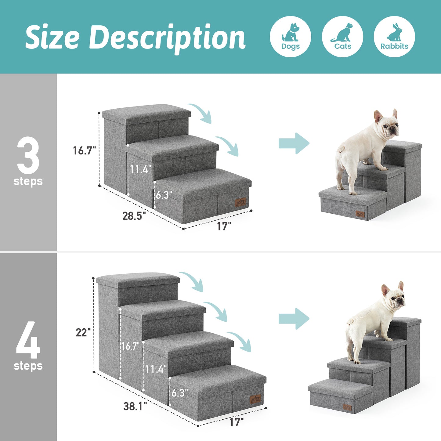 3-step and 4-step Cozy Kiss storage pet stairs size comparison chart #color_Grey
