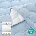 Close up of OEKO-TEX certified Blue couch cover fabric with cooling fabric and anti-slip base.