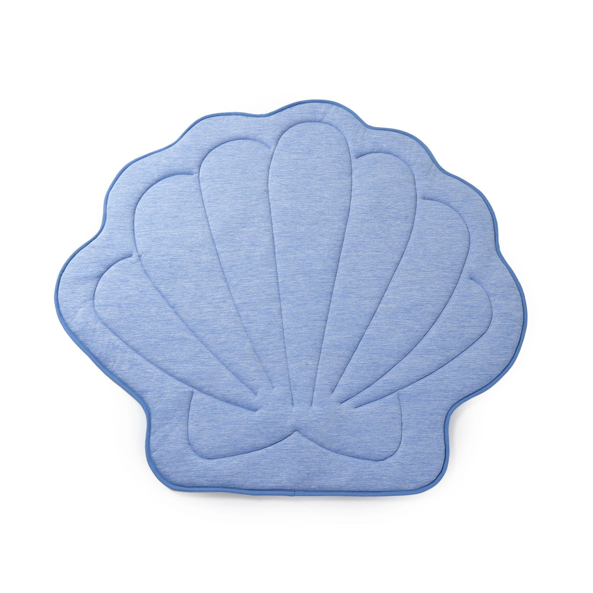 Blue shell-shaped bath mat on a white background