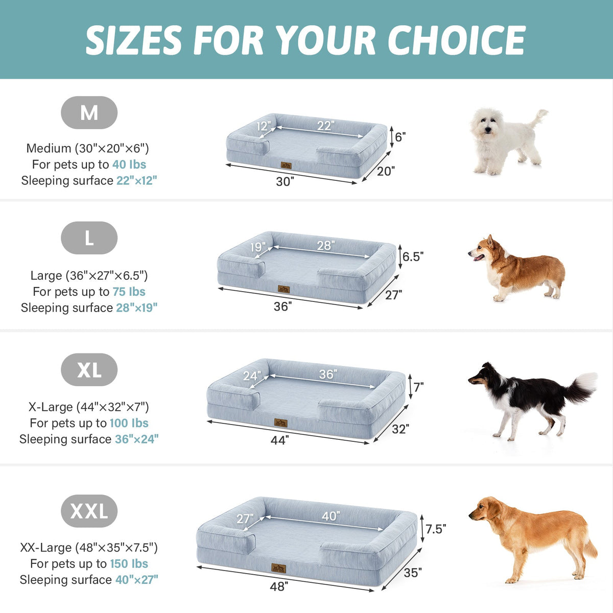 Dog bed size chart with measurements and corresponding dog sizes