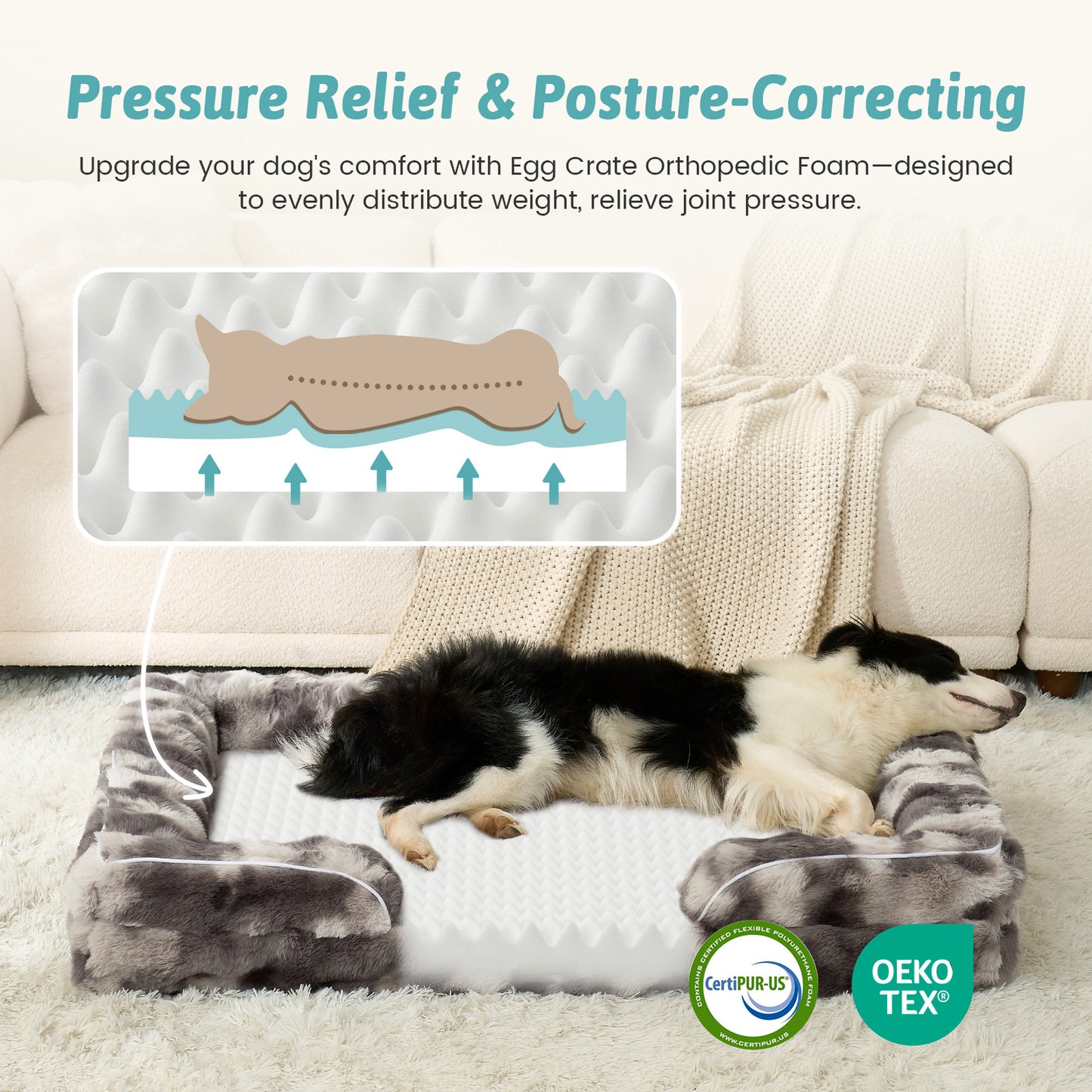 Cozy Kiss Fluffy Soft Bubble Faux Fur C-Shaped Dog Bed orthopedic egg crate foam joint relief support #color_Tie-dye Grey