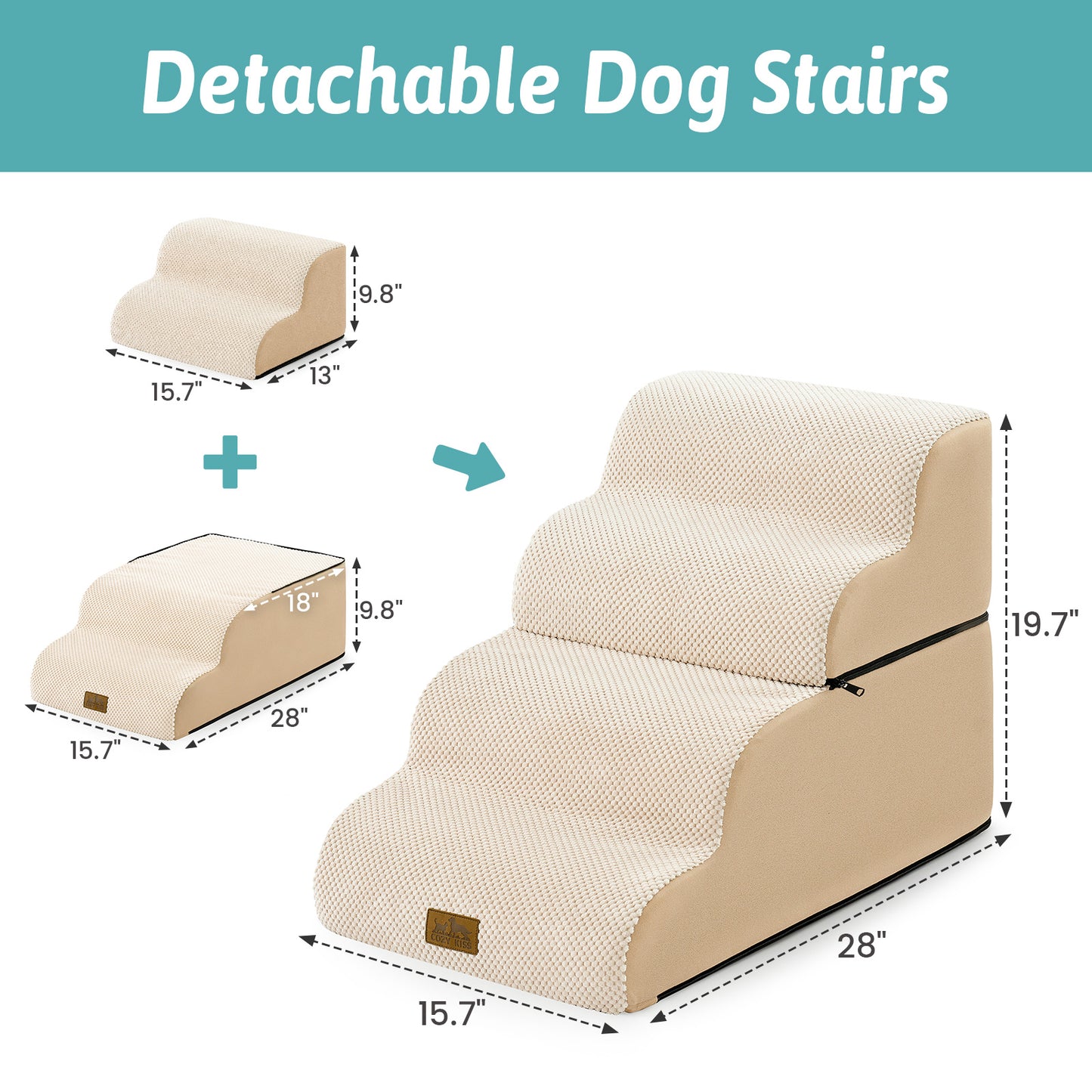 Cozy Kiss detachable curved pet stairs showing foldable modular structure #color_Beige
