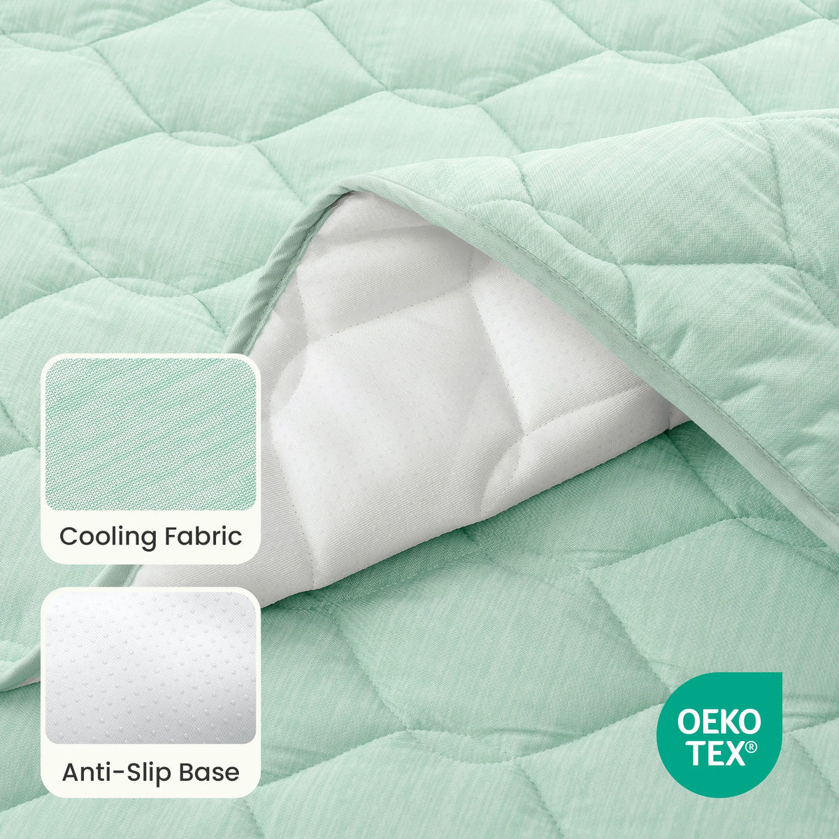 Close up of OEKO-TEX certified Blue couch cover fabric with cooling fabric and anti-slip base.