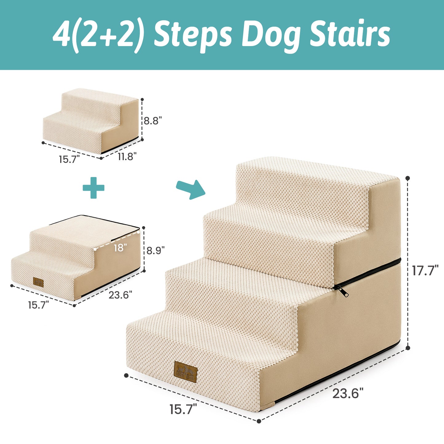 Cozy Kiss 4-step foldable pet stairs size and detachable design overview #color_Beige