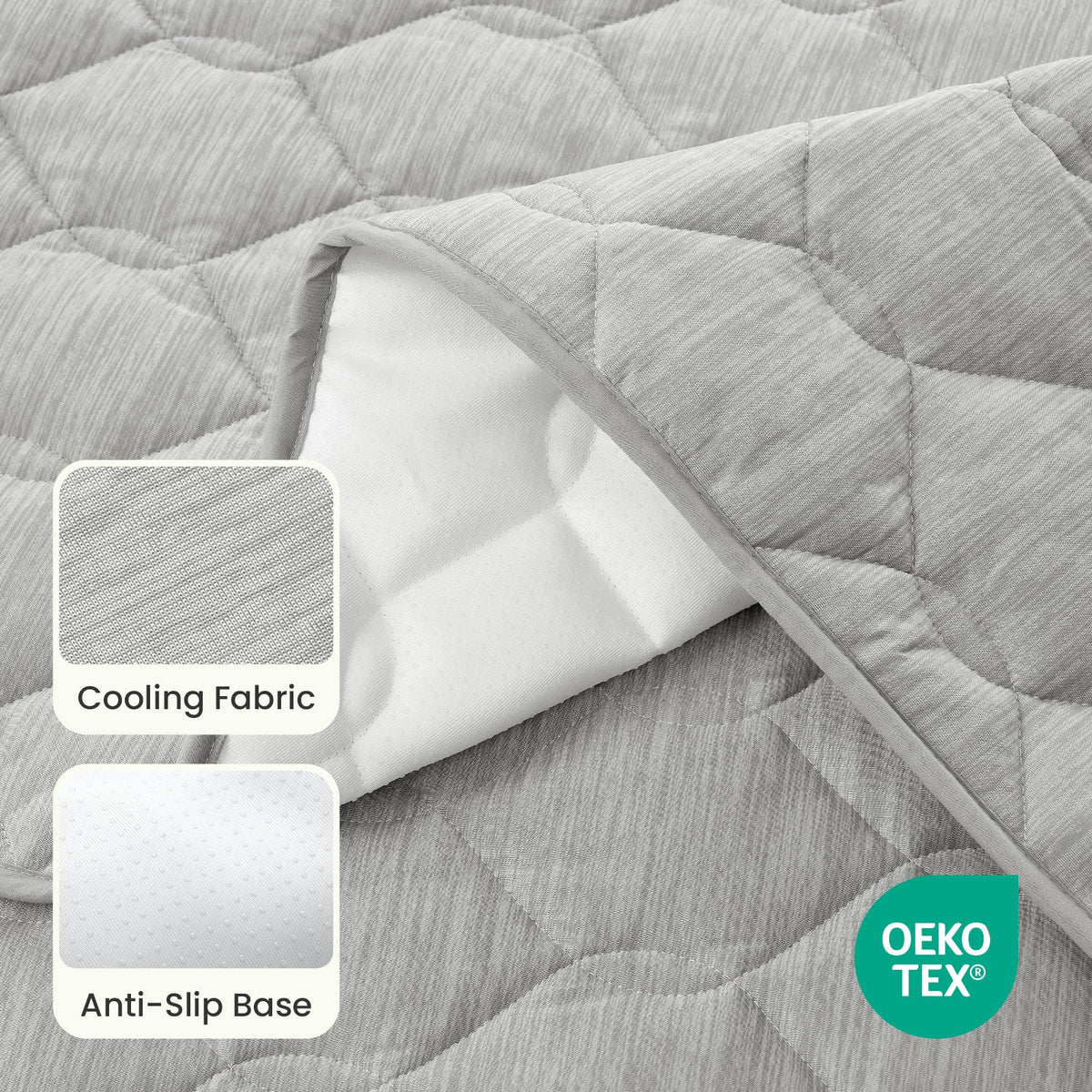 Close up of OEKO-TEX certified Blue couch cover fabric with cooling fabric and anti-slip base.