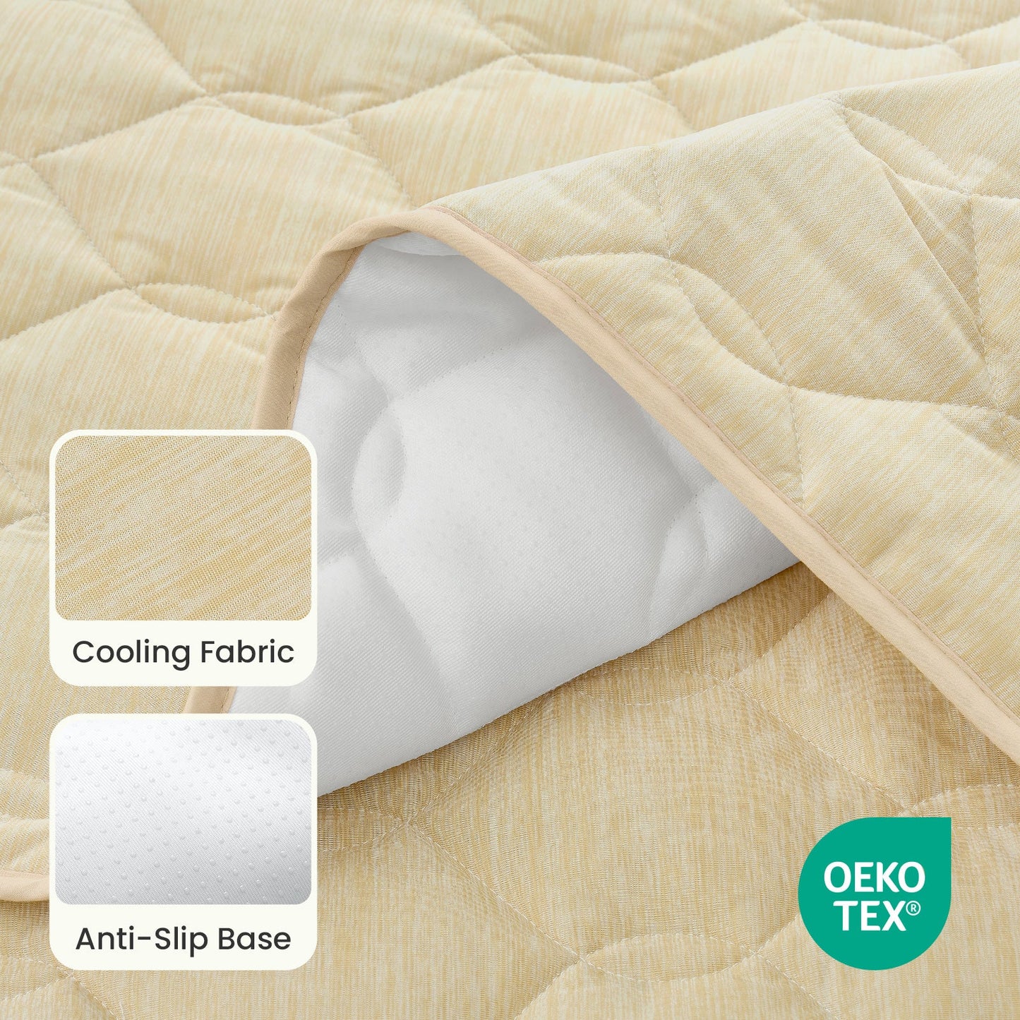 Cozy Kiss beige pet mat with cooling fabric and anti-slip base, featuring OEKO-TEX certification.#Color_Beige