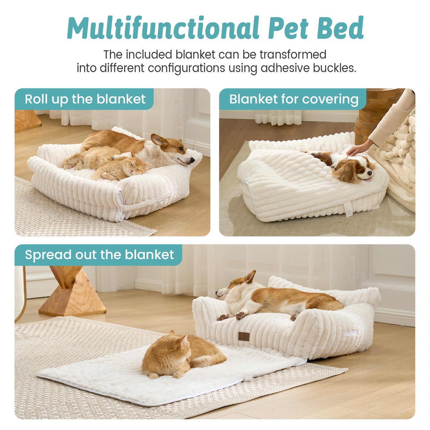 Cozy Kiss Multi-Functional Striped Faux Pet Sofa Bed convertible blanket design with multiple resting modes #color_Beige