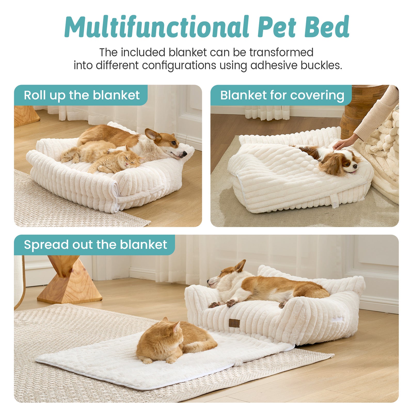 Cozy Kiss Multi-Functional Striped Faux Pet Sofa Bed convertible blanket design with multiple resting modes #color_Beige