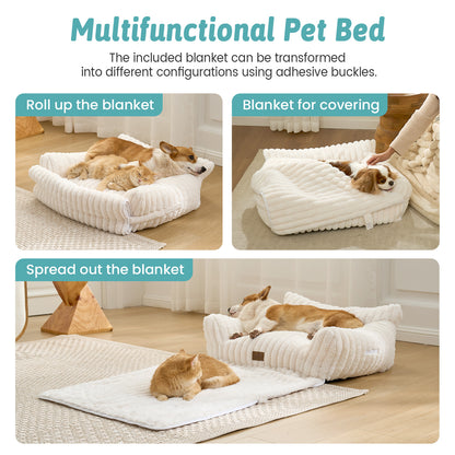 Cozy Kiss Multi-Functional Striped Faux Pet Sofa Bed convertible blanket design with multiple resting modes #color_Beige